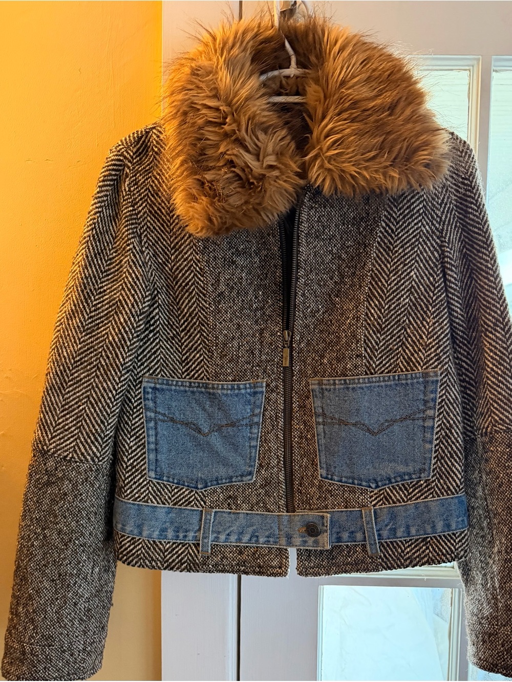 Guess Herringbone Bomber Jacket with Faux Fur Collar - Brown/Blue